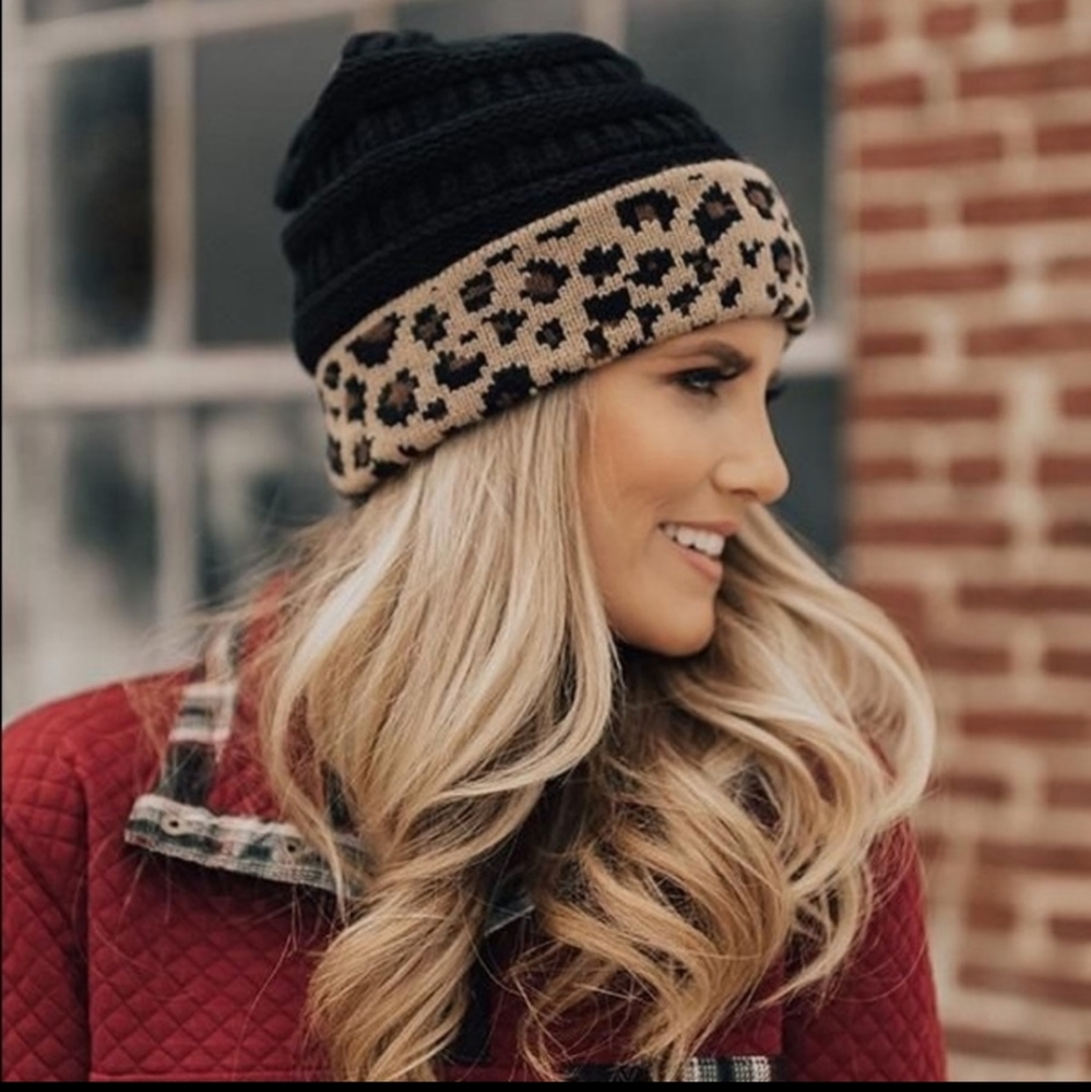 Warm and cozy C.C. black with leopard print winter beanie hat. - Picture 4 of 8